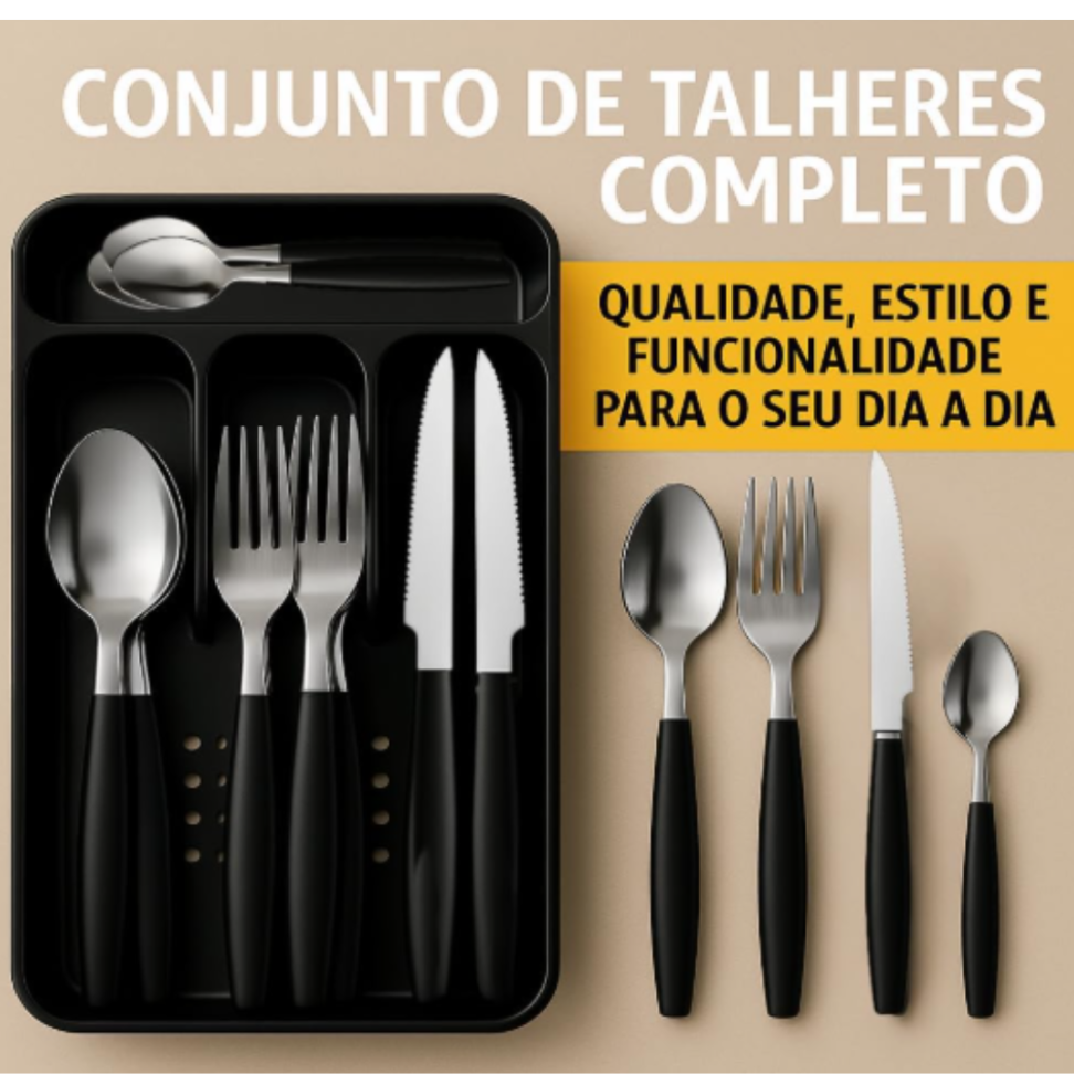 Conjunto de Talheres em Aço Inox com Cabo Color, 25 Peças, Inclui Porta-Talher (Preto) - #2
