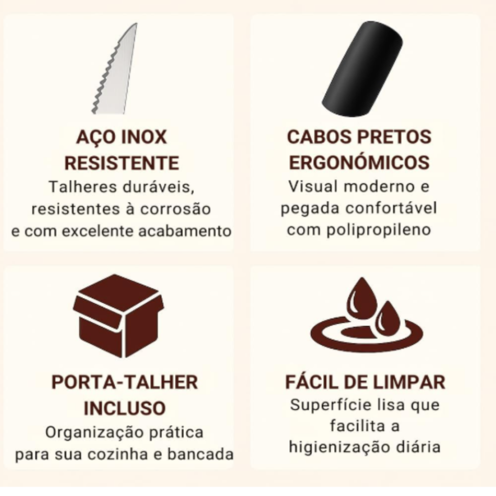 Conjunto de Talheres em Aço Inox com Cabo Color, 25 Peças, Inclui Porta-Talher (Preto) - #6