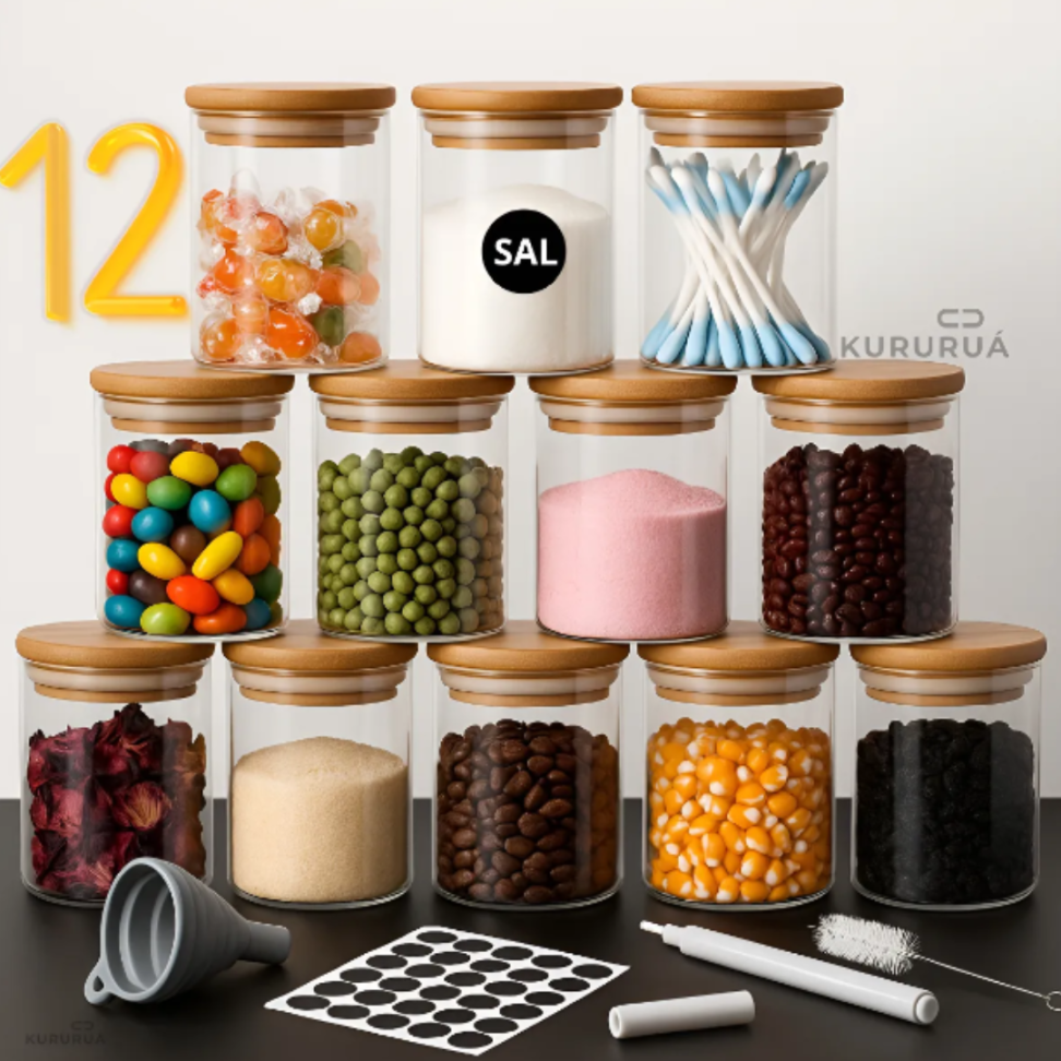 Kit 12 Potes Herméticos De Vidro Com Tampa De Bambu Multiuso Porta Alimento Marca Kururuá - #3