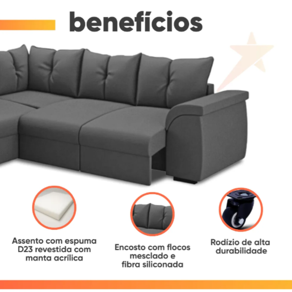 Sofá de Canto 5 Lugares com Retrátil Qatar Suede Cinza Selmer Estofados - #4