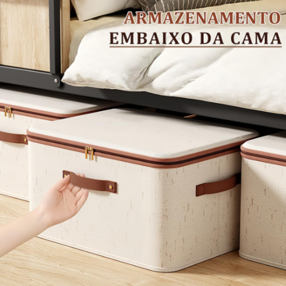 Pack Duplo de Caixas Organizadoras Médias Dobráveis - Algodão-Linho Bege Ecológico com Alças para Guarda-Roupa ou Debaixo da Cama - #5