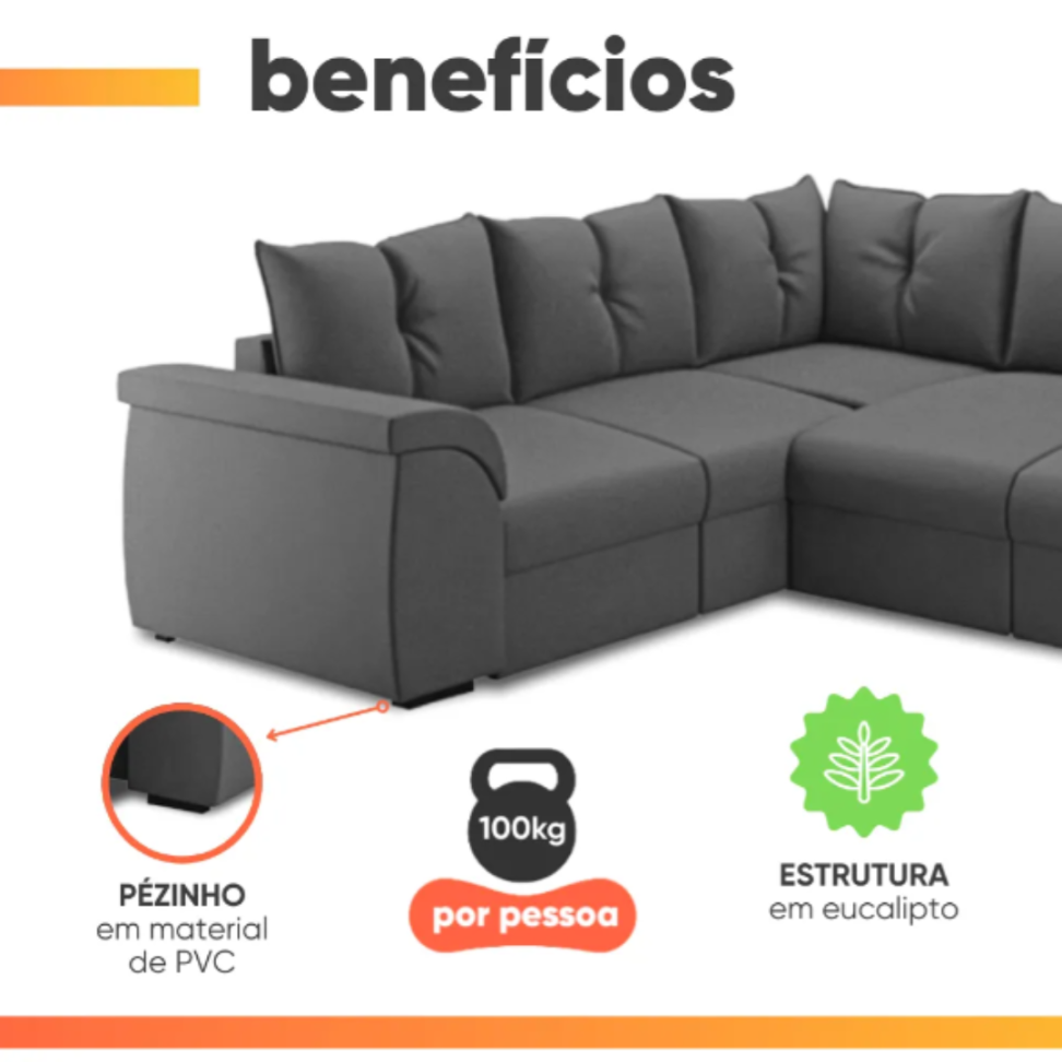 Sofá de Canto 5 Lugares com Retrátil Qatar Suede Cinza Selmer Estofados - #3