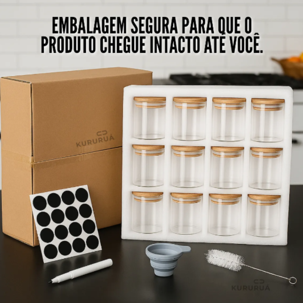Kit 12 Potes Herméticos De Vidro Com Tampa De Bambu Multiuso Porta Alimento Marca Kururuá - #2