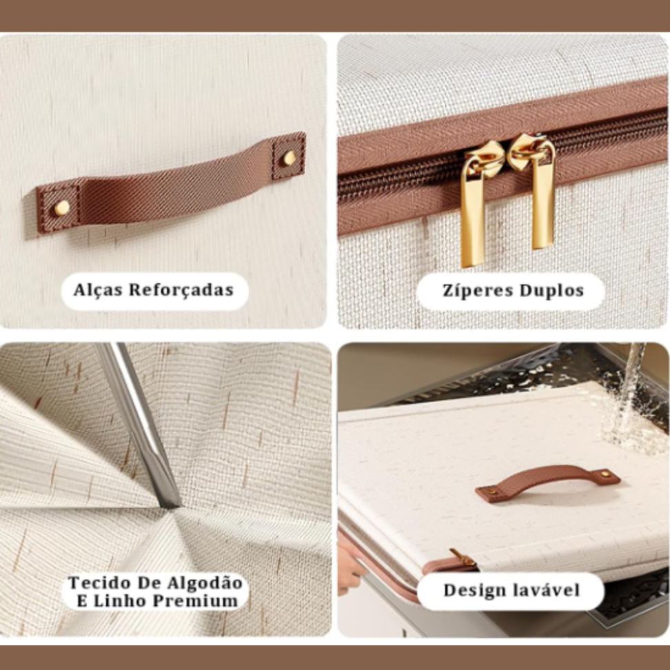 Pack Duplo de Caixas Organizadoras Médias Dobráveis - Algodão-Linho Bege Ecológico com Alças para Guarda-Roupa ou Debaixo da Cama - #7