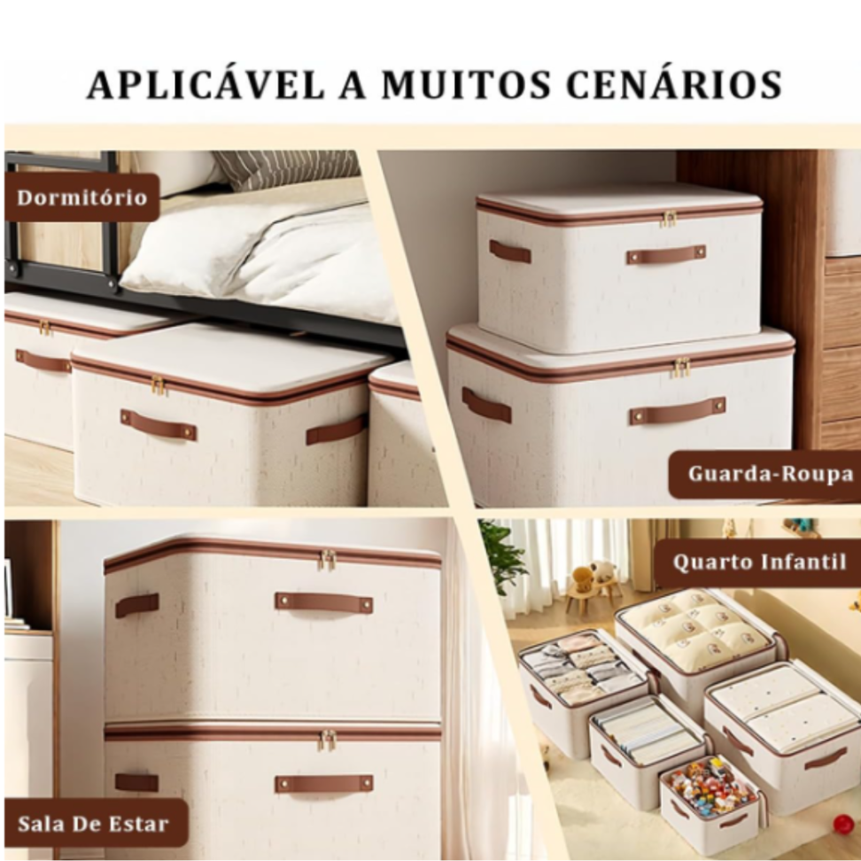 Pack Duplo de Caixas Organizadoras Médias Dobráveis - Algodão-Linho Bege Ecológico com Alças para Guarda-Roupa ou Debaixo da Cama - #4