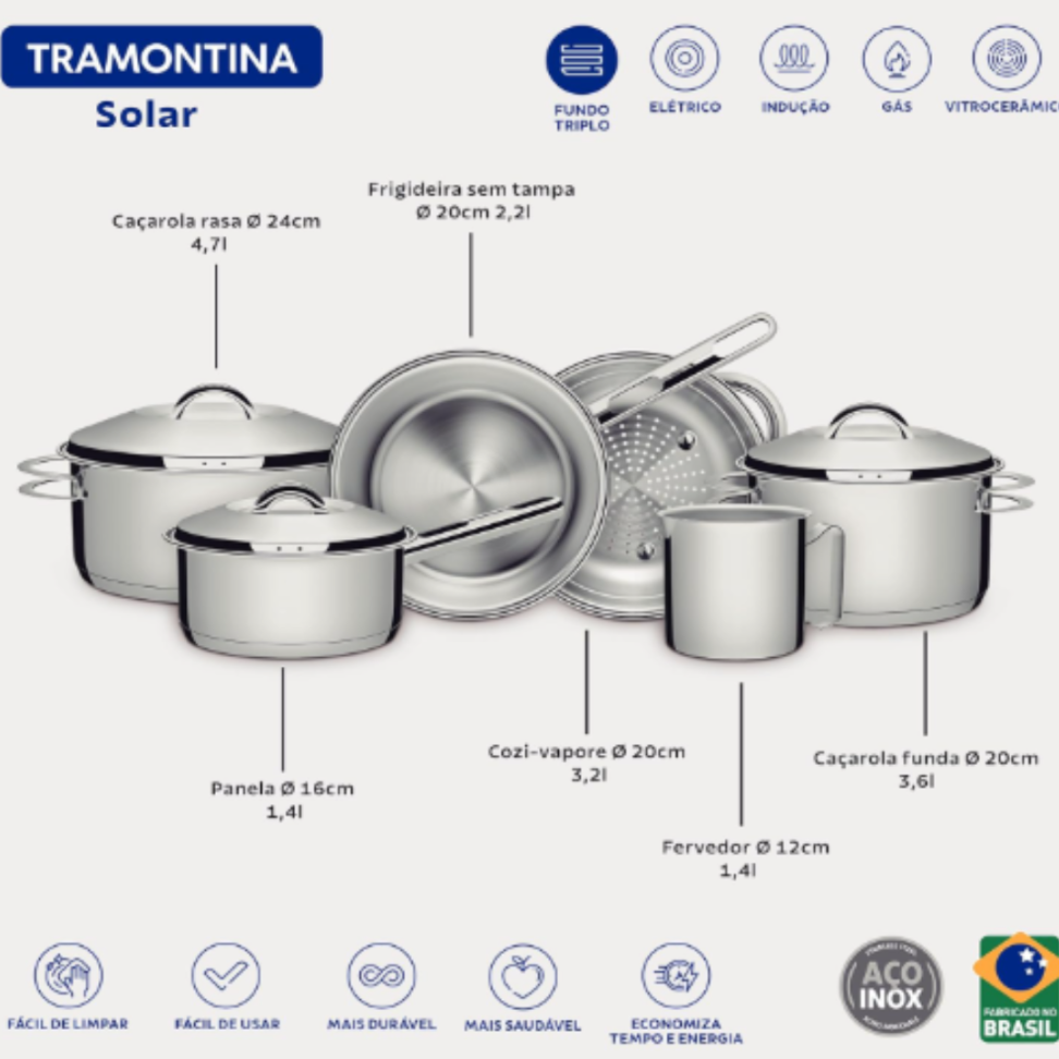 Jogo de Panelas Tramontina Solar em Aço Inox com Fundo Triplo e Tampas de Inox 6 Peças - #2