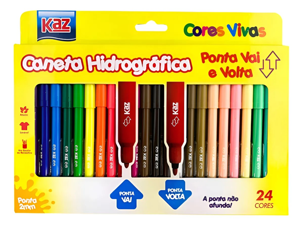 Kaz Canetinha Hidrográfica Escolar 24 Cores Ponta 2mm Vai e Vem