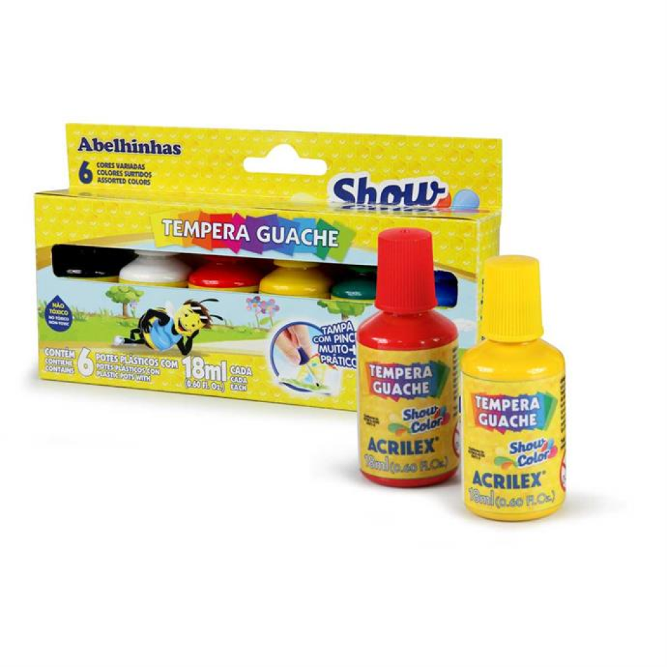Tinta Guache 18 ml Show Color com Pincel (6 Cores) - Acrilex