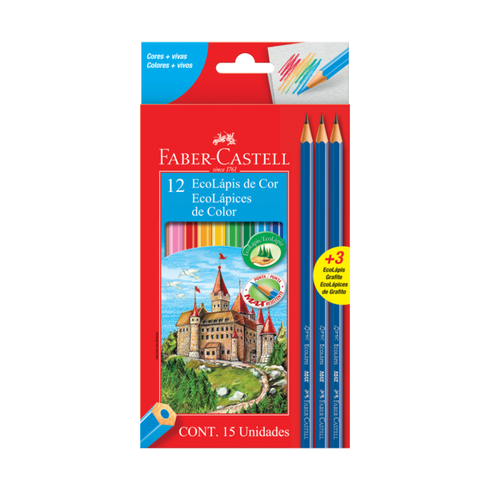 Lápis de Cor Kit Escolar 12 Cores + 3 Ecolápis Grafite Faber Castell