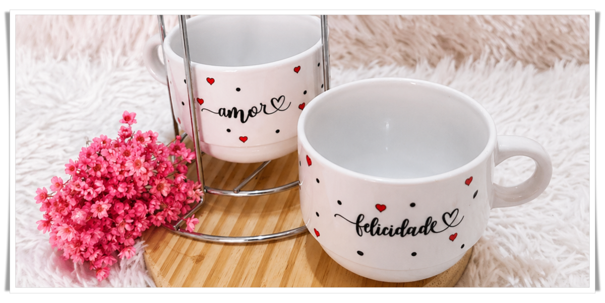 KIT 2 XÍCARAS COM SUPORTE CROMADO