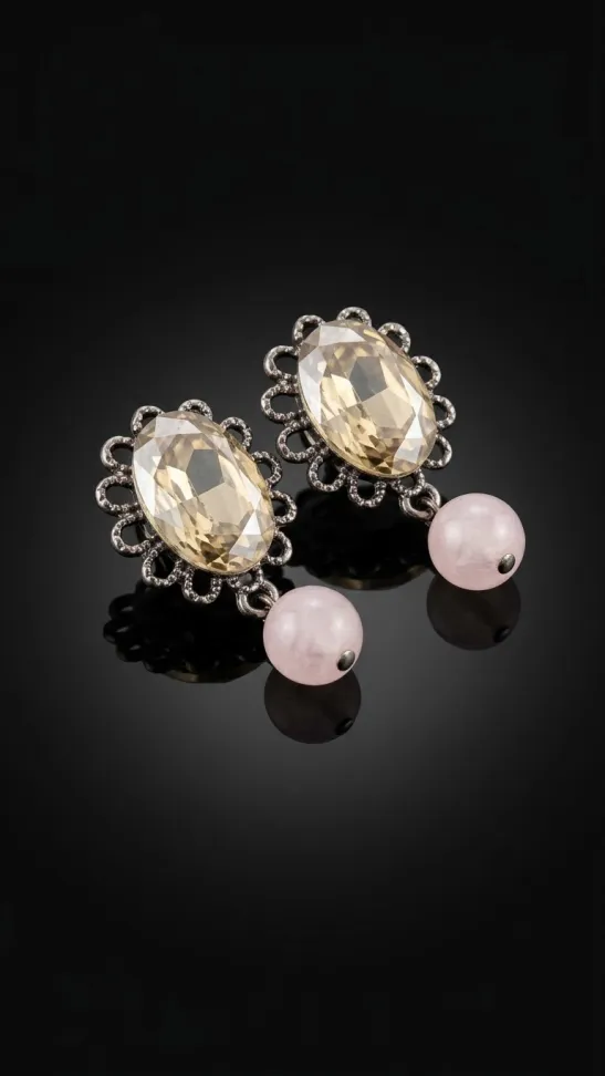 Brinco Luxuoso com Cristal Facetado e quartzo rosa - #1