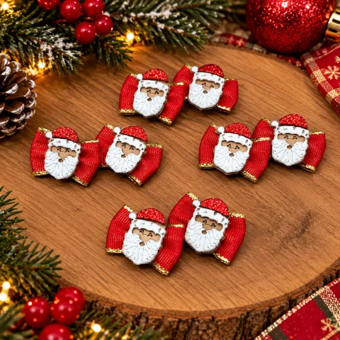 NT12-Laço P Fita de Gorgurão Com Lateral Dourada e Enfeite do Papai Noel de EVA