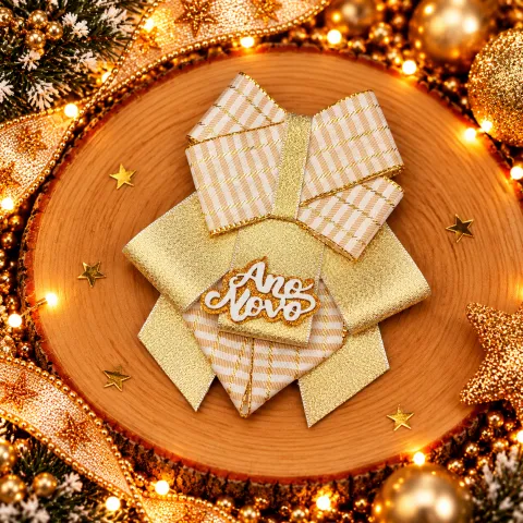 AN45-Gargantilha Luxo De Fita Estampada e Lisa Com Enfeite No Meio De Ano Novo Dourado