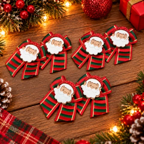 NT32-Laço de Orelha M com Fita Estampada Com Papai Noel