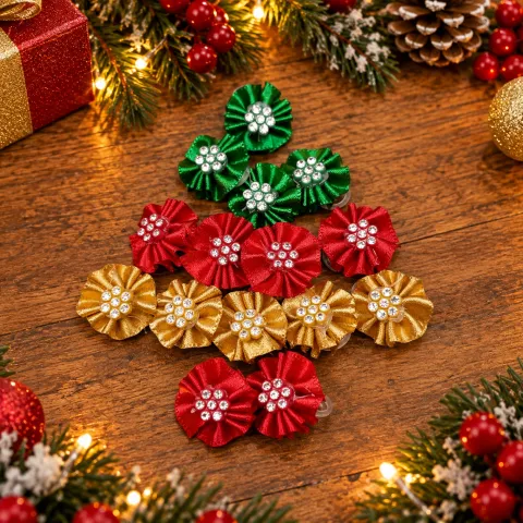 NT04- Fuxico de Cetim Com Pedrinha De Natal No Meio
