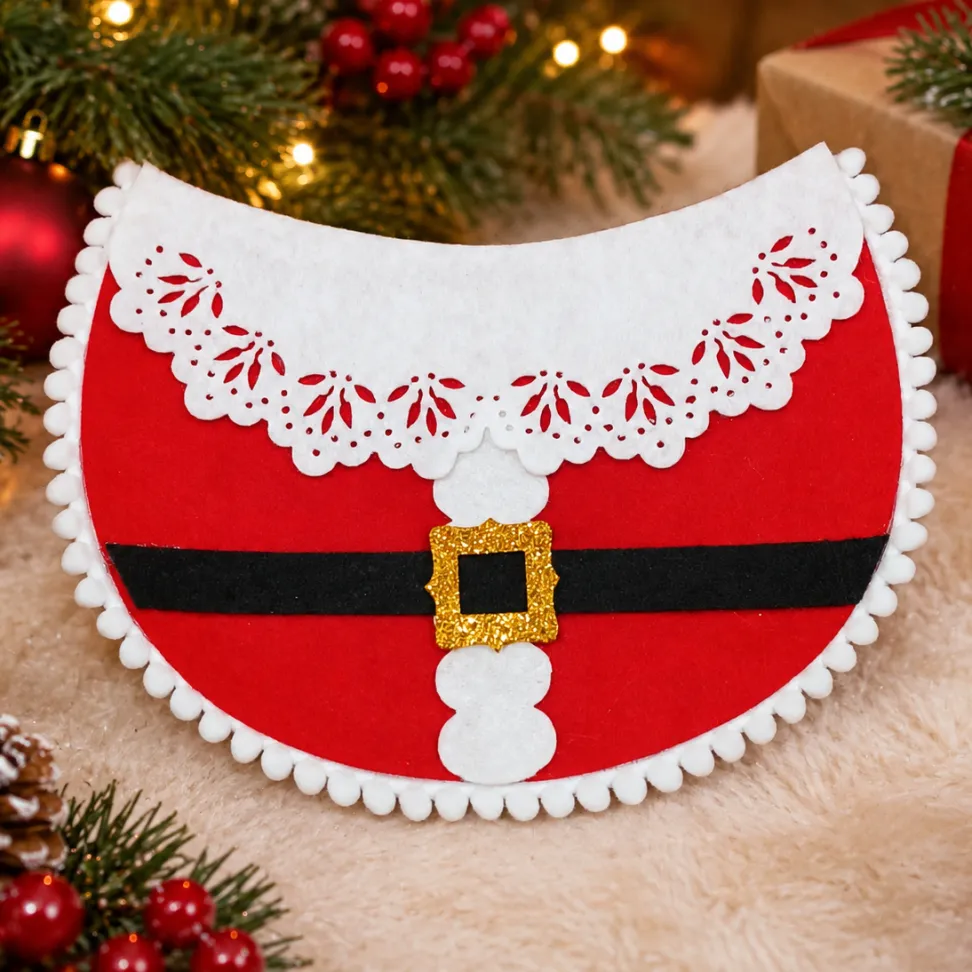 NT53-Babador De Feltro Para Fêmea Gola de Feltro Detalhada Com Cinto e Fivela Do Papai Noel E Babado De Pompom - #1