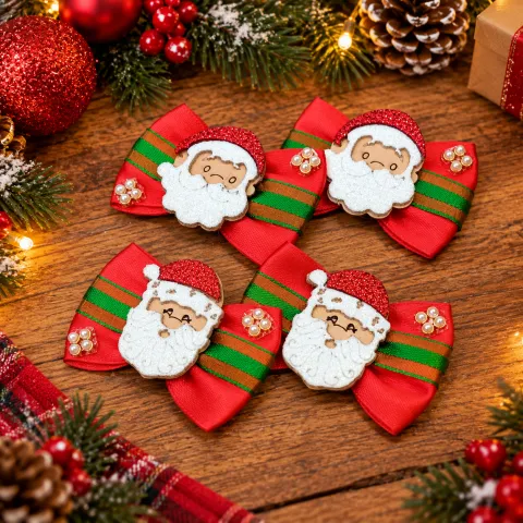 NT36-Laço Luxo G Fita Estampada Com Papai Noel No Meio e Strass Na Ponta