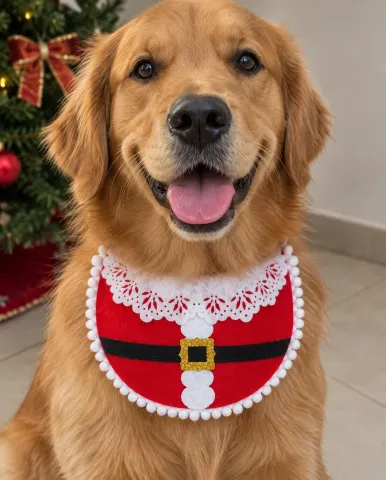 NT53-Babador De Feltro Para Fêmea Gola de Feltro Detalhada Com Cinto e Fivela Do Papai Noel E Babado De Pompom