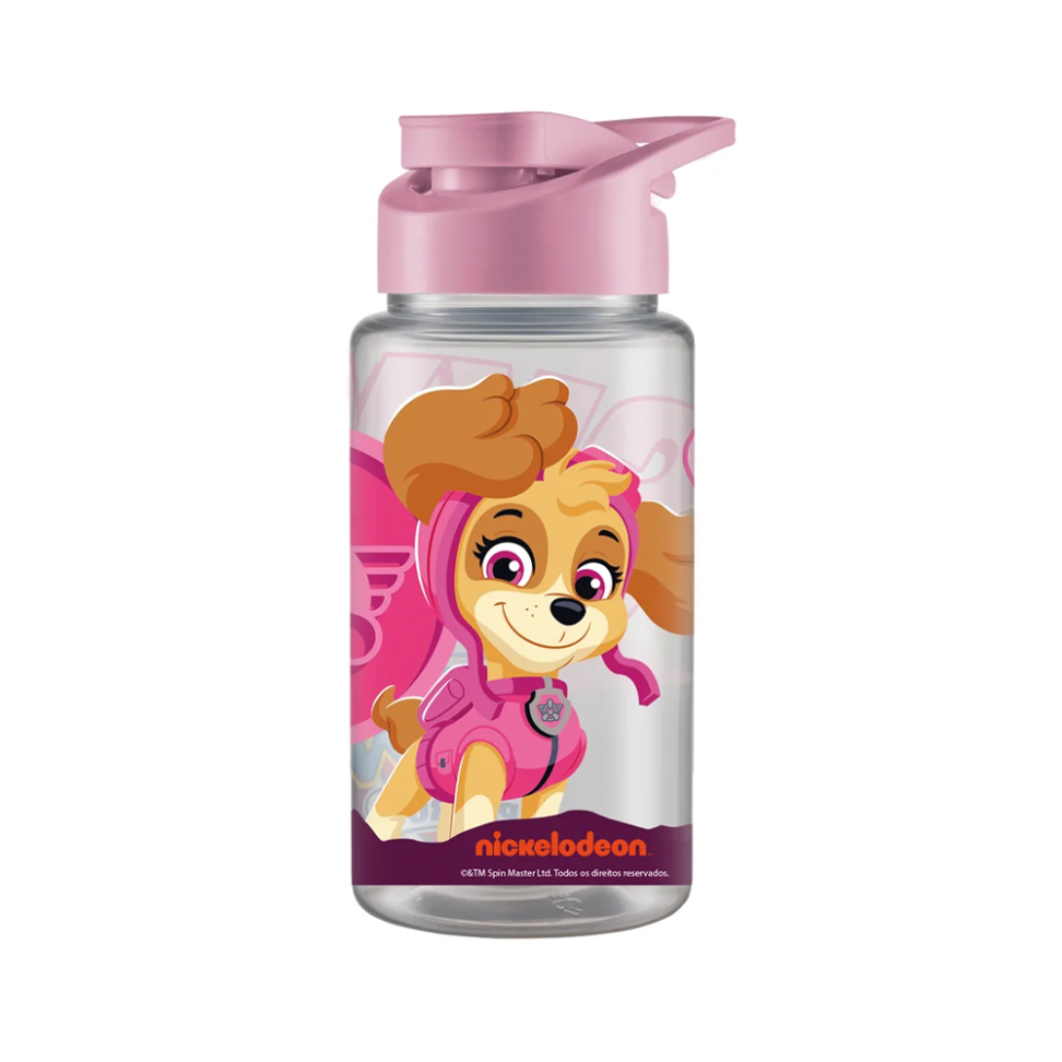 Garrafa Squeeze de Plástico Pet Rosa Patrulha Canina Skye Com Tampa. E Alca 500ml