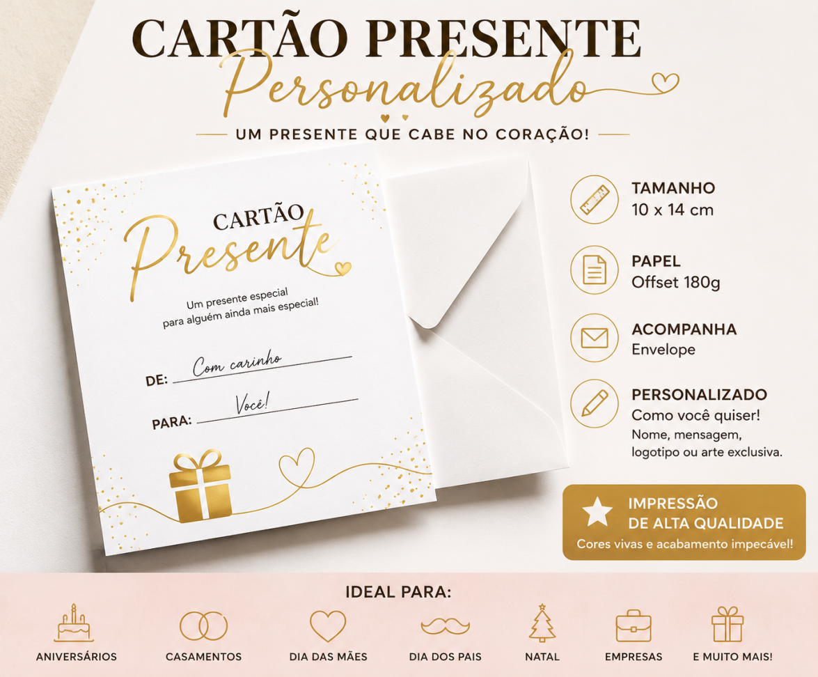Cartão Presente Personalizado com Envelope