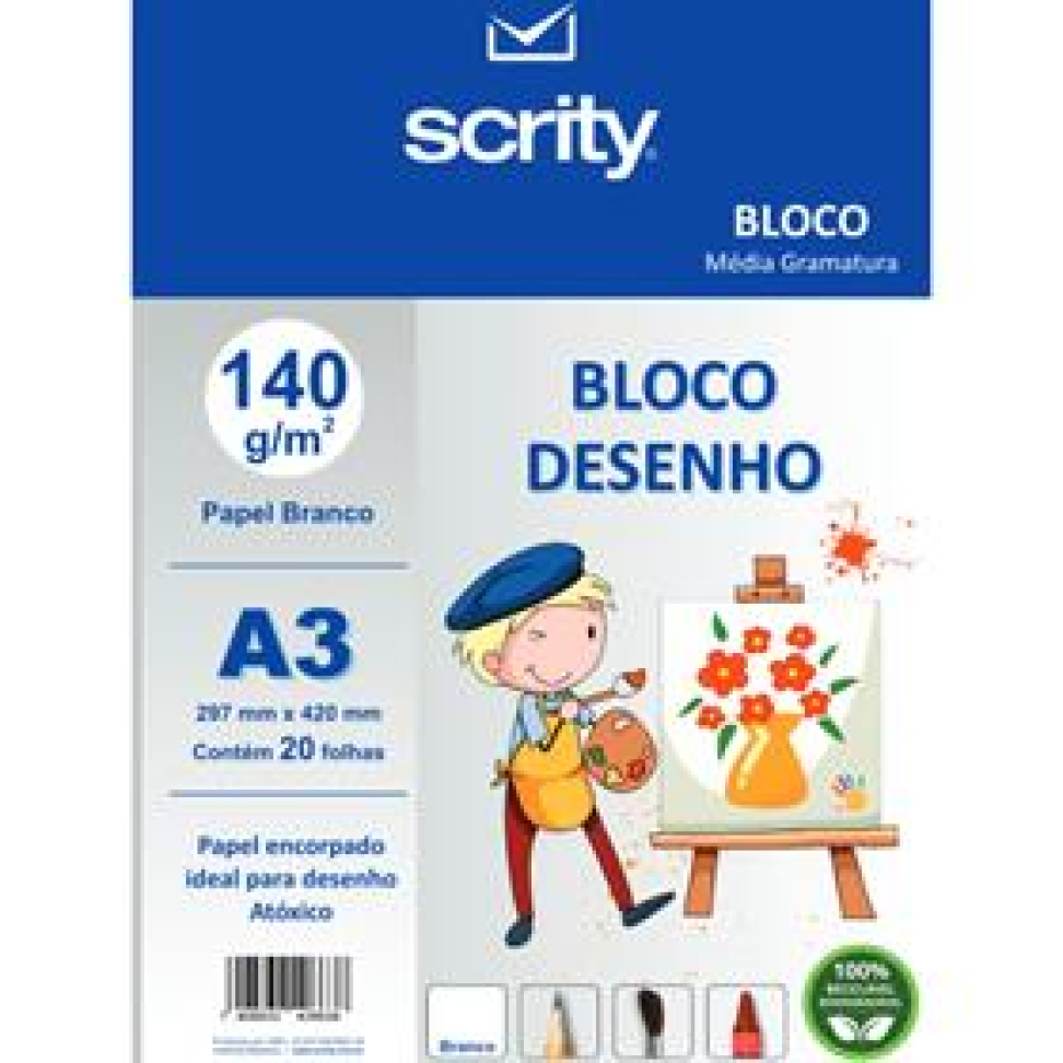 Bloco para Educação Artística Desenho A3 Branco 140 g 20 fls. - Scrity
