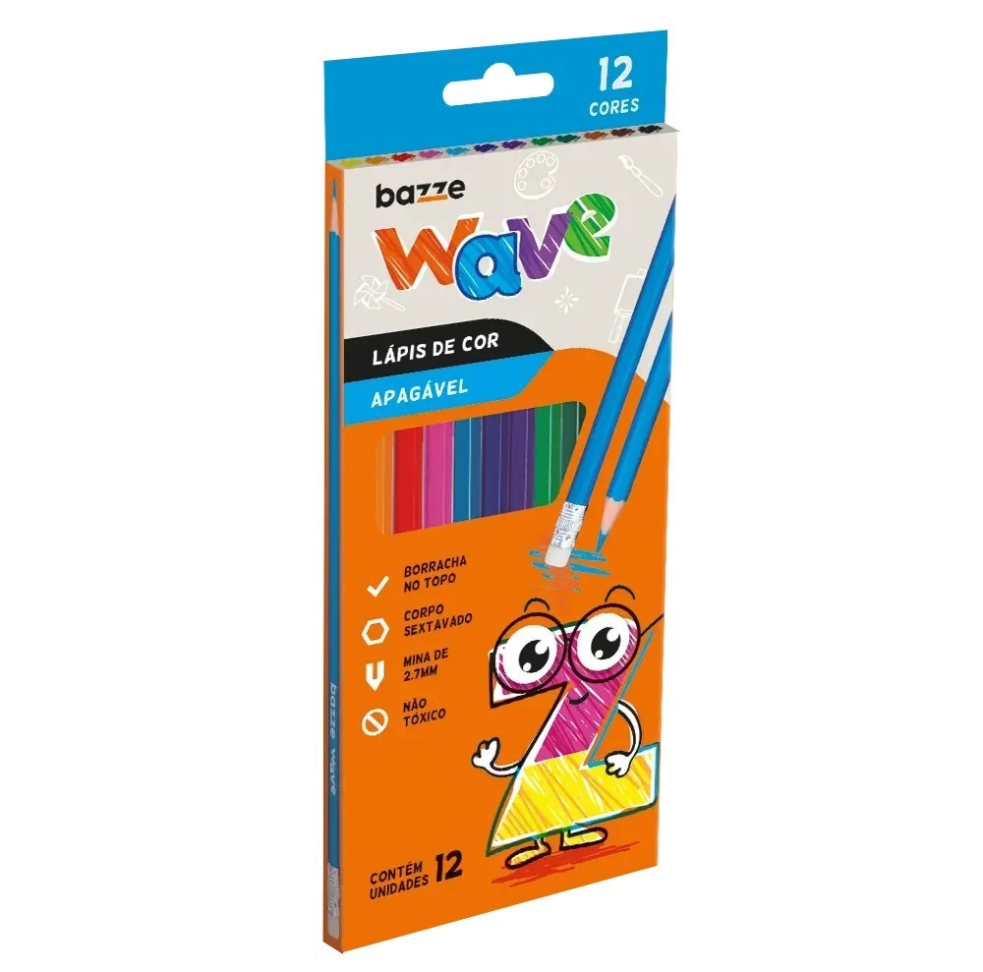 Lápis de Cor Wave Apagável - 12 cores - Bazze