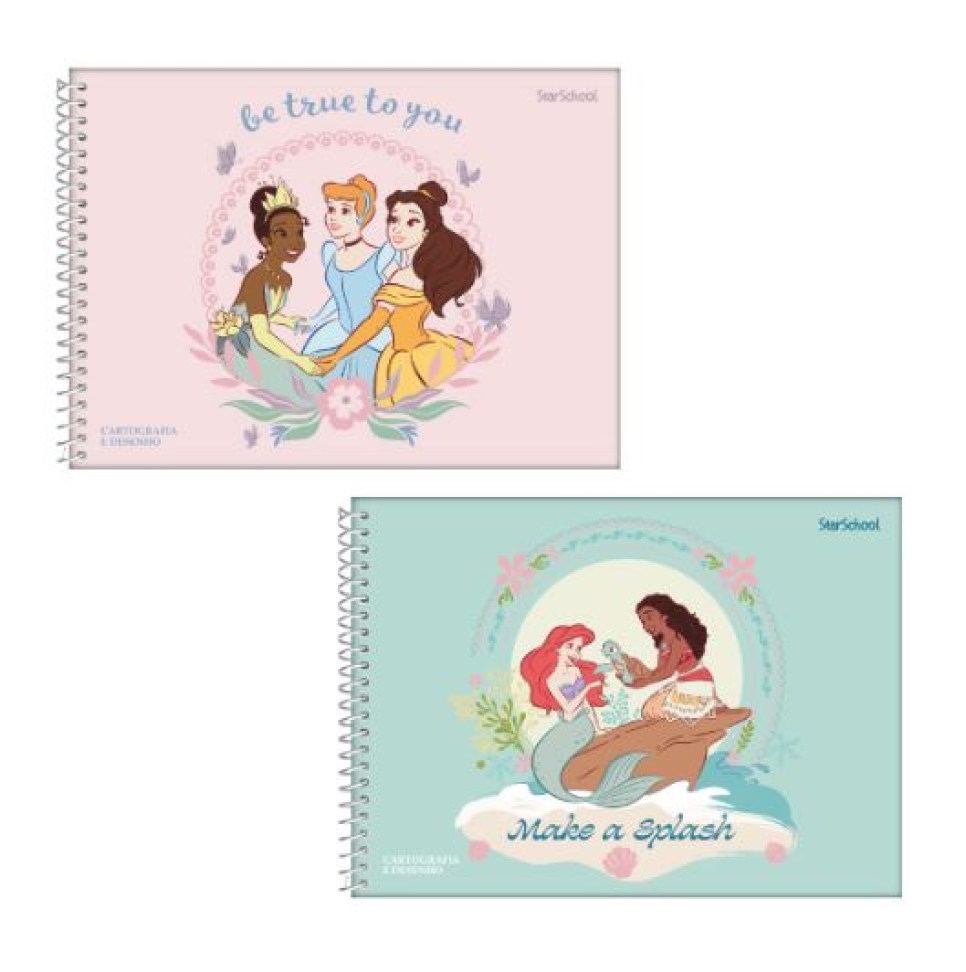 Caderno Cartografia e Desenho StarSchool Espiral Capa Dura Disney Princesas 80 Folhas