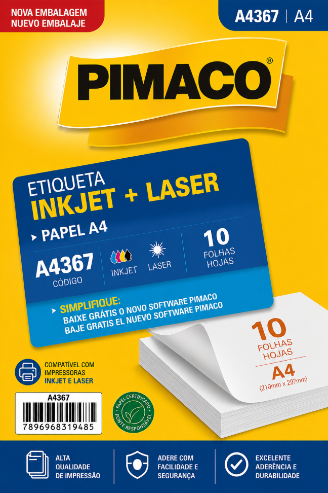 Etiqueta Pimaco A4367 A4 – Inkjet + Laser – 10 Folhas