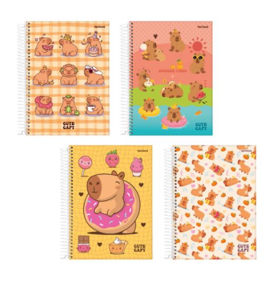 Caderno 1/4 Capa Dura Espiral Capivara StarSchool 80 Folhas