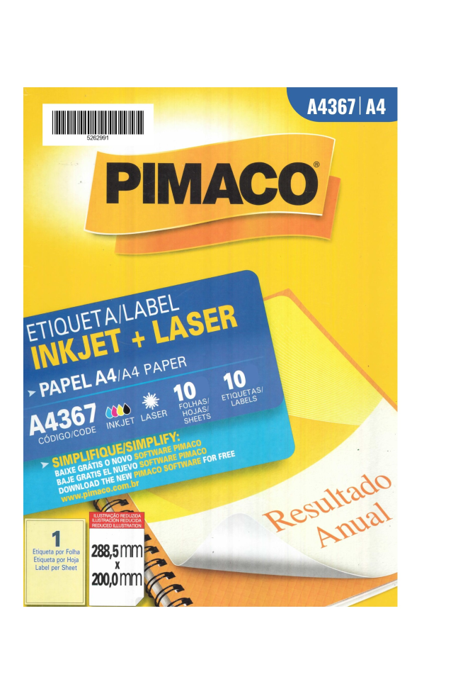 Papel Adesivo (Etiqueta) INKJET + LASER -  A4 A4367 10 Fls 288,5 X 200,0 Mm - Pimaco