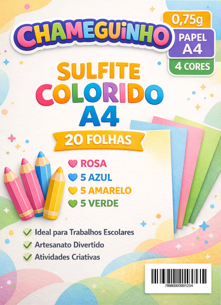 Sulfite Chameguinho A4 - 0,75Gr 4 cores c/ 20 UN