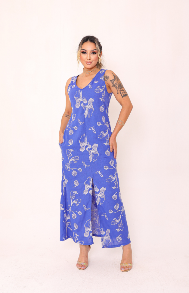Vestido Linho Bordado Forrado Ref: 505