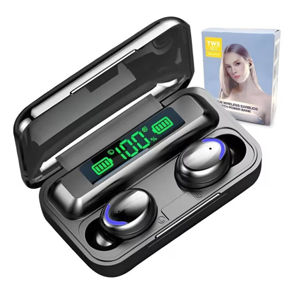 FONE DE OUVIDO SEM FIO F9 POWER BANK, DISPLAY DE LED.
