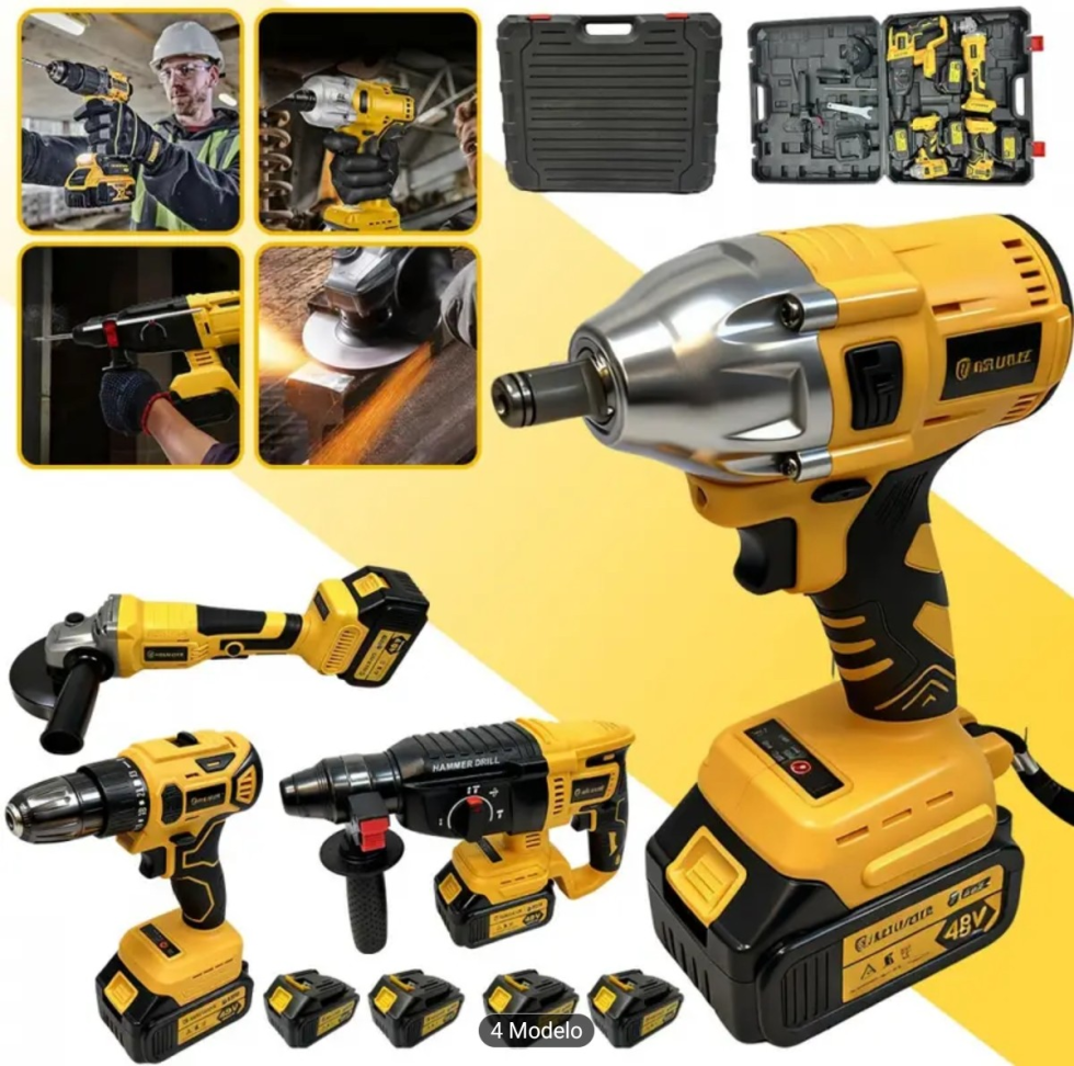 CONJUNTO DE FERRAMENTAS 4 EM COM 2 BATERIAS 48V. FURADEIRA/PARAFUSADEIRA+MARTELETE+CHAVE DE IMPACTO+ESMERILHADEIRA+MALETA. - #1