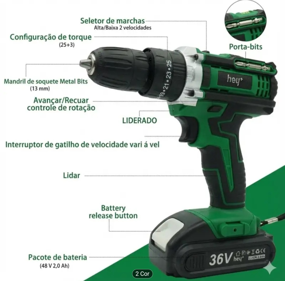 FURADEIRA PARAFUSADEIRA A BATERIA 36 VOLTS COM MALETA + 28 ACESSÓRIOS. VERDE. - #2