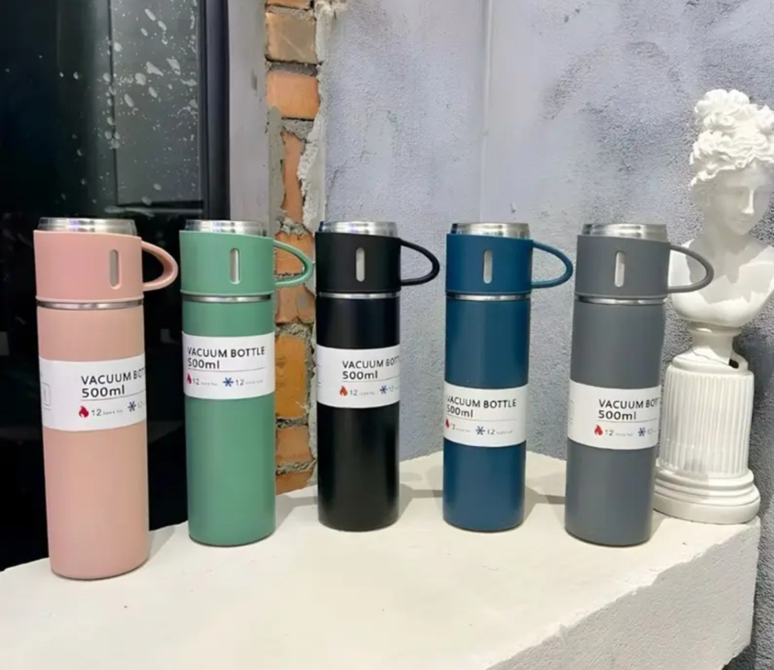 GARRAFA TÉRMICA INOX 500ML COM 3 XÍCARAS. VERDE ÁGUA. - #1