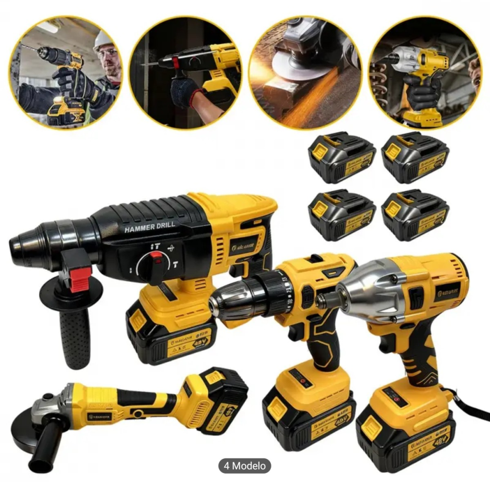 CONJUNTO DE FERRAMENTAS 4 EM COM 2 BATERIAS 48V. FURADEIRA/PARAFUSADEIRA+MARTELETE+CHAVE DE IMPACTO+ESMERILHADEIRA+MALETA. - #1