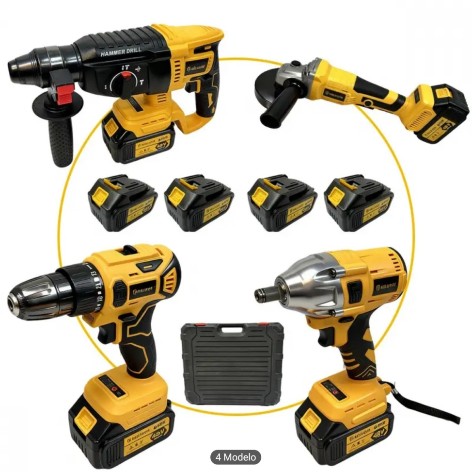 CONJUNTO DE FERRAMENTAS 4 EM COM 2 BATERIAS 48V. FURADEIRA/PARAFUSADEIRA+MARTELETE+CHAVE DE IMPACTO+ESMERILHADEIRA+MALETA. - #1