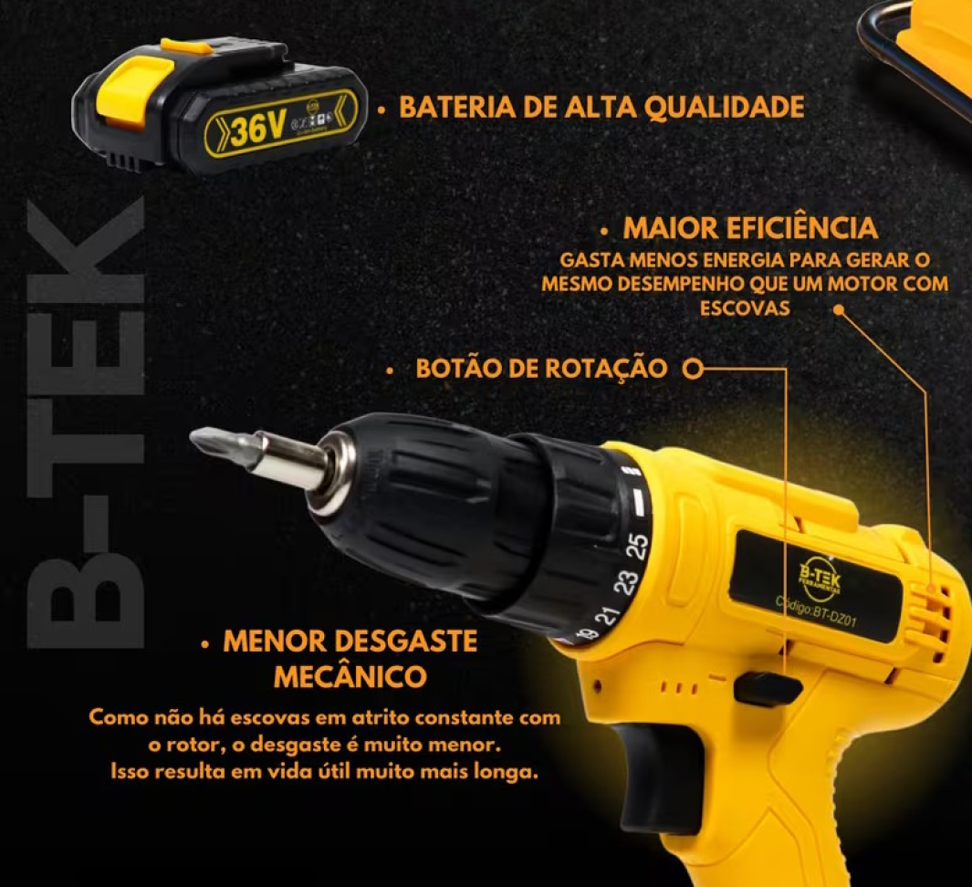 FURADEIRA PARAFUSADEIRA 36 VOLTS. MALETA + ACESSÓRIOS. AMARELA. - #1