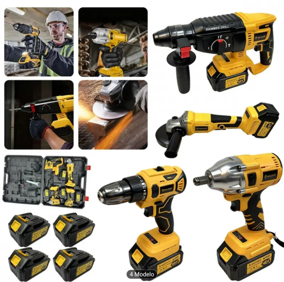 CONJUNTO DE FERRAMENTAS 4 EM COM 2 BATERIAS 48V. FURADEIRA/PARAFUSADEIRA+MARTELETE+CHAVE DE IMPACTO+ESMERILHADEIRA+MALETA. - #1