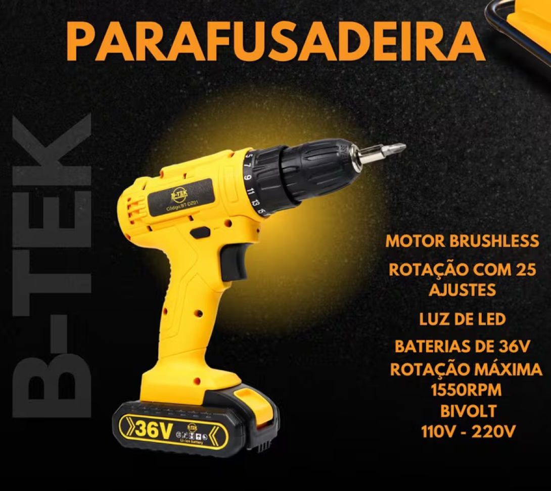FURADEIRA PARAFUSADEIRA 36 VOLTS. MALETA + ACESSÓRIOS. AMARELA. - #1