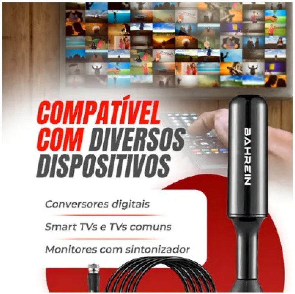 Produto ExemploAntena Sinal Digital 4k Smart Tv Interna Externa Amplificador Hdtv Uhf Cabo Com Cabo Longo De 5 Metros Preto Com Base Magnética Bahrein