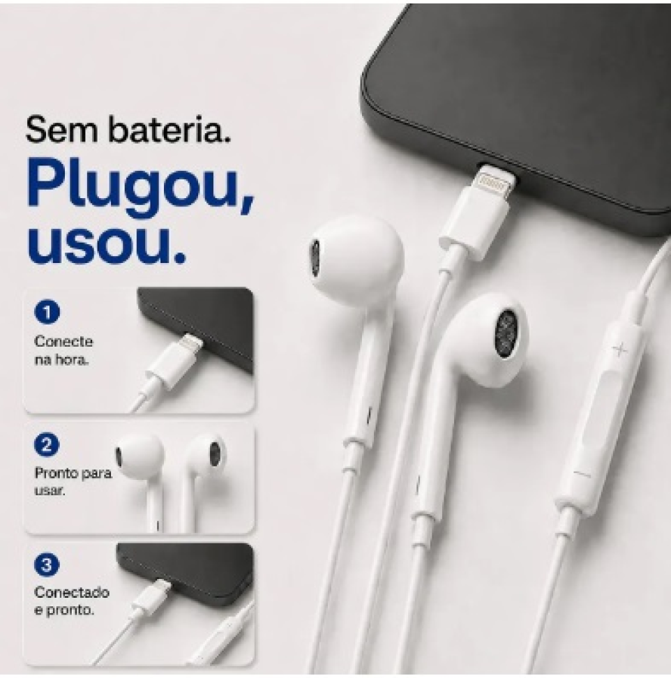 Fone de Ouvido Compatível Com Iphone  Microfone chip Não precisa de Bluetooth Com Fio Isolamento de Ruidos