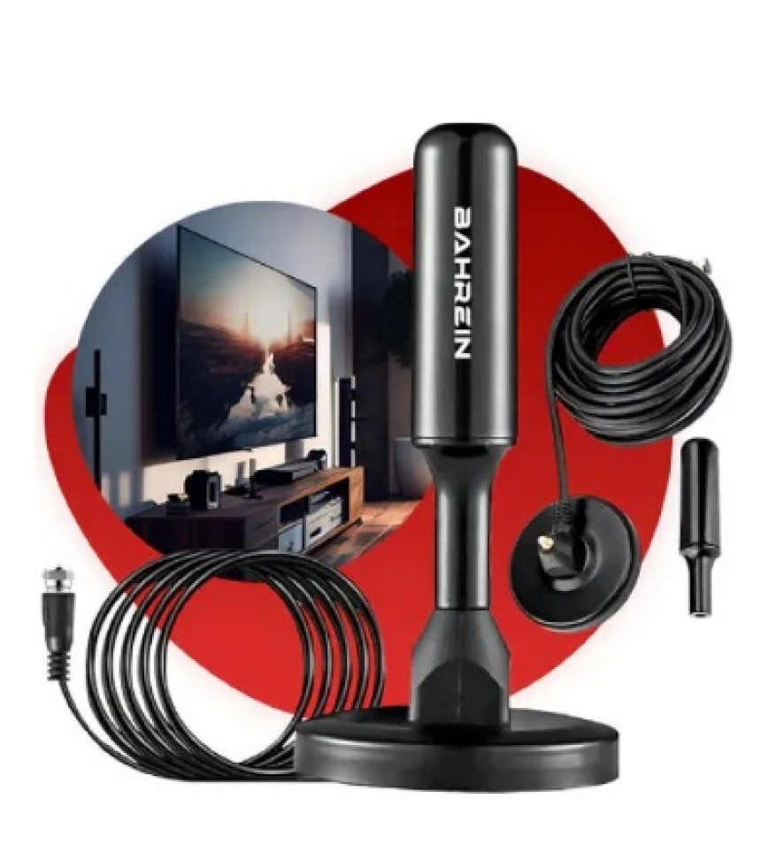 Produto ExemploAntena Sinal Digital 4k Smart Tv Interna Externa Amplificador Hdtv Uhf Cabo Com Cabo Longo De 5 Metros Preto Com Base Magnética Bahrein