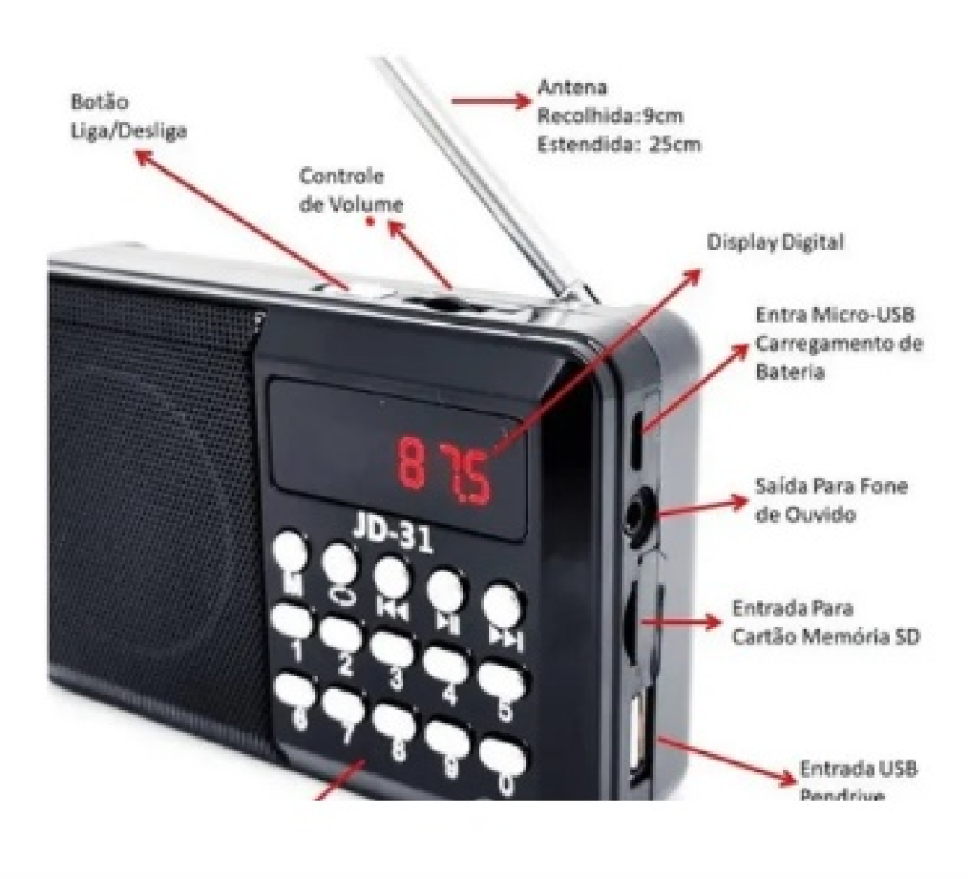 Radio Fm Portátil Entrada Pendrive Bluetooth Recarregável Cor Preto