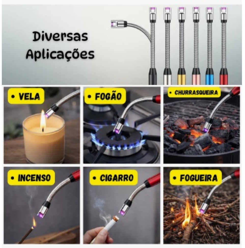 Acendedor Eletrônico Fogão Velas Flexível Recarregável Usb C Preto