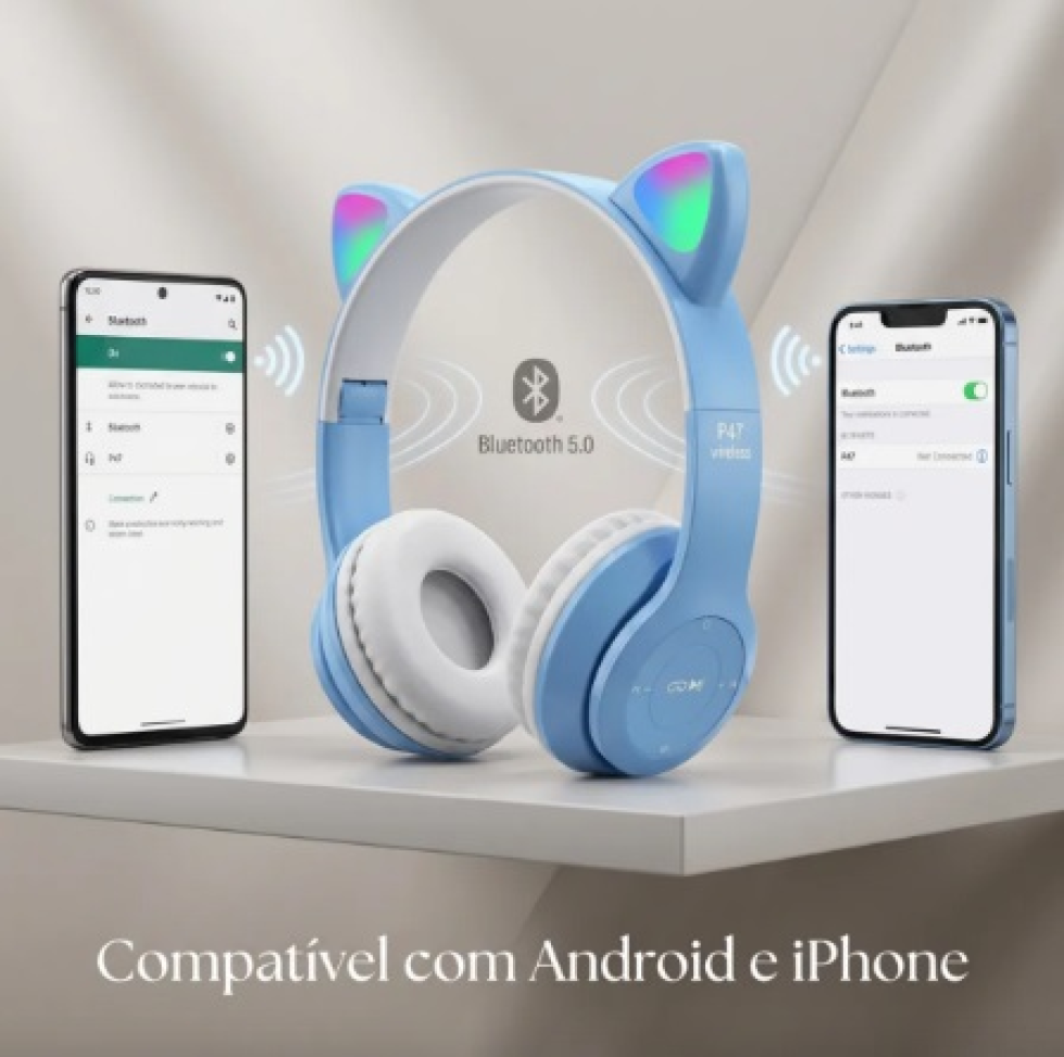 Fone De Ouvido Gatinho Sem Fio - Bluetooth Com Led