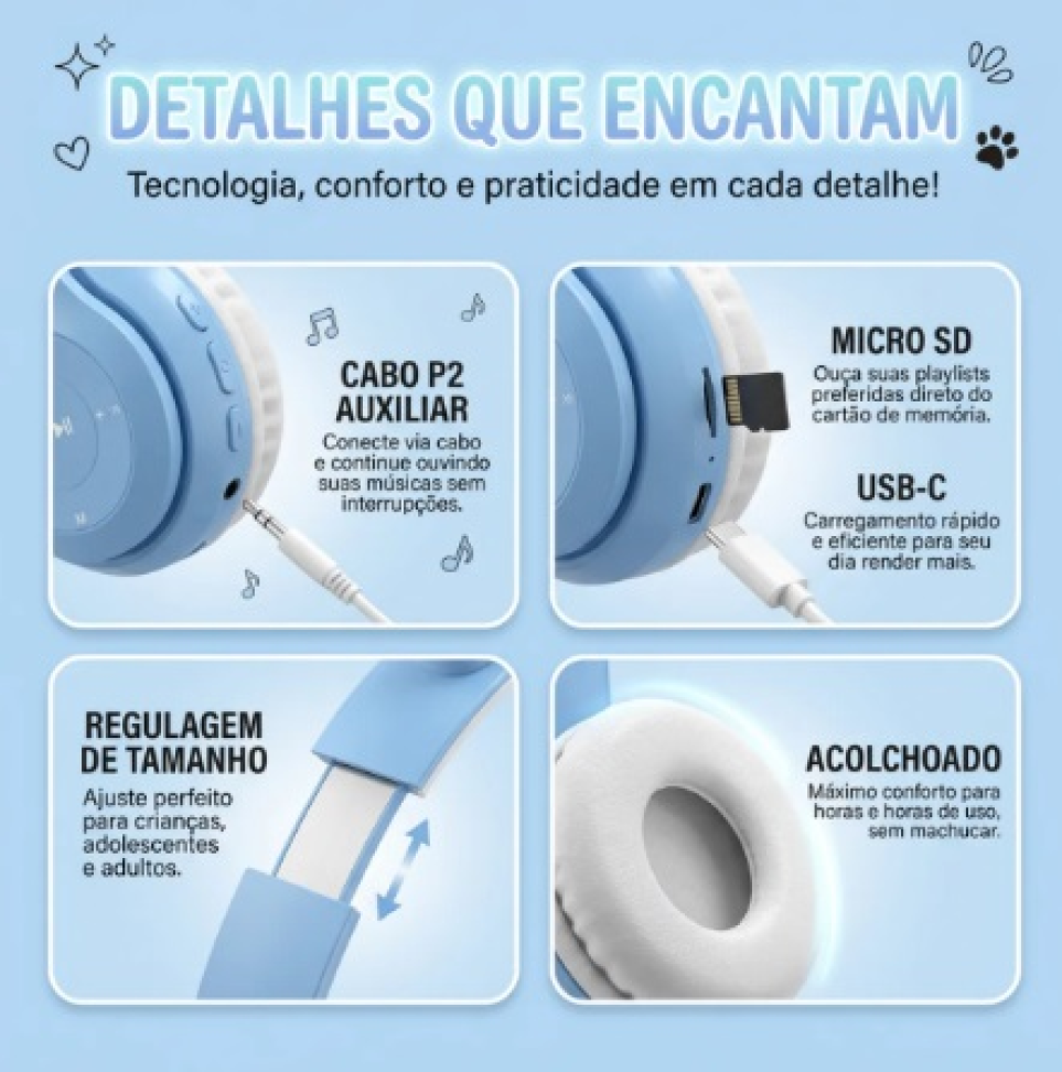 Fone De Ouvido Gatinho Sem Fio - Bluetooth Com Led - #4