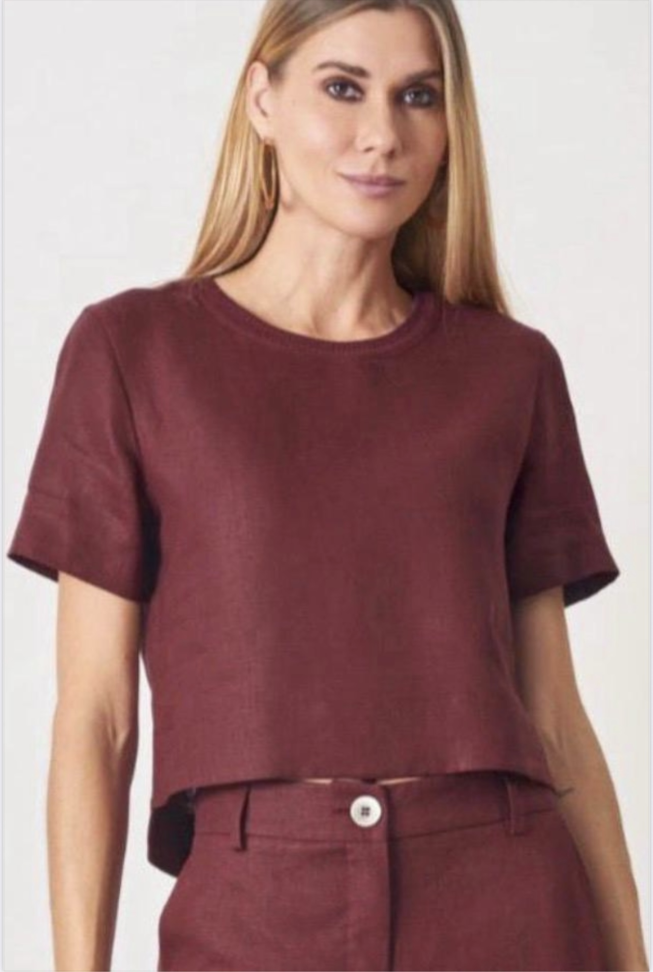 Blusa cropped linho natural com retilínea