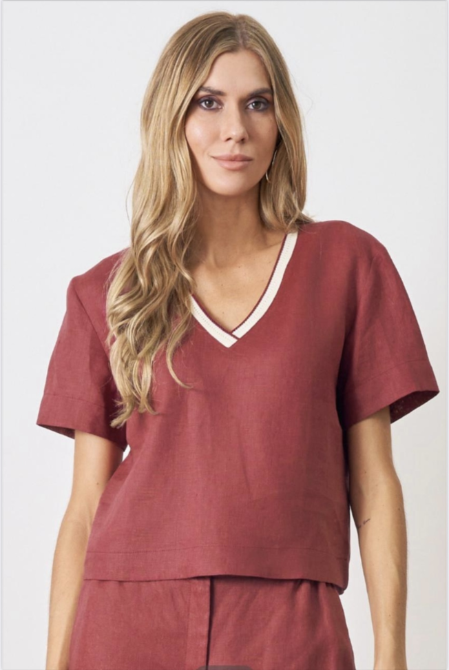Blusa linho natural decote v com retilínea